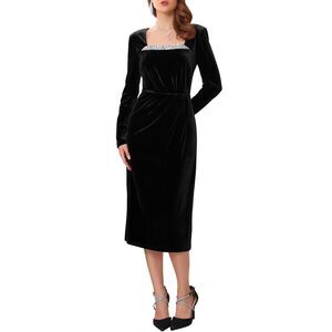 Women's Evening Dress Ruched Sequin Neck Midi Cocktail Velvet Dress Black